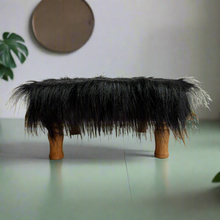 Load image into Gallery viewer, Small Chowki/Stool Square Utility Padded Natural Finish - Black Faux Fur (4-Leg)
