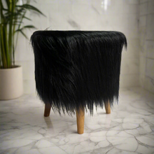 Load image into Gallery viewer, Bohemian Home Round Utility Padded Stool/ Ottoman Natural Finish - 4 Leg, Black Faux Fur