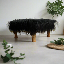 Load image into Gallery viewer, Small Chowki/Stool Square Utility Padded Natural Finish - Black Faux Fur (4-Leg)