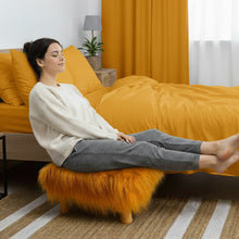 Load image into Gallery viewer, Small Chowki/Stool Square Utility Padded Natural Finish - Golden Faux Fur (4-Leg)