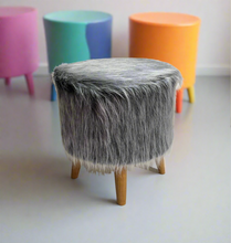 Load image into Gallery viewer, Bohemian Home Round Utility Padded Stool/ Ottoman Natural Finish - 4 Leg, Gray Faux Fur