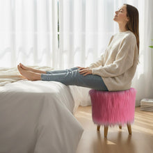 Load image into Gallery viewer, Bohemian Home Round Utility Padded Stool/ Ottoman Natural Finish - 4 Leg, Pink Faux Fur