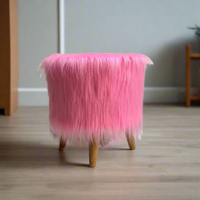 Load image into Gallery viewer, Bohemian Home Round Utility Padded Stool/ Ottoman Natural Finish - 4 Leg, Pink Faux Fur