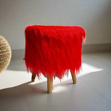 Load image into Gallery viewer, Bohemian Home Round Utility Padded Stool/ Ottoman Natural Finish - 4 Leg, Red Faux Fur
