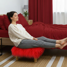 Load image into Gallery viewer, Small Chowki/Stool Square Utility Padded Natural Finish - Red Faux Fur (4-Leg)