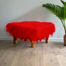 Load image into Gallery viewer, Small Chowki/Stool Square Utility Padded Natural Finish - Red Faux Fur (4-Leg)