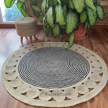 Load image into Gallery viewer, Natural Jute-Black Floor Baho Round Hand-Woven Area Rug/Carpet/Mat