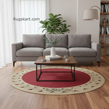 Load image into Gallery viewer, Living room with a gray sofa, wooden coffee table, and round red rug.