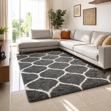 Load image into Gallery viewer, Modern Plush Charcoal Gray Shag Carpet – High-Pile Microfiber Trellis Patterned Floor Mat for Home & Living Decor