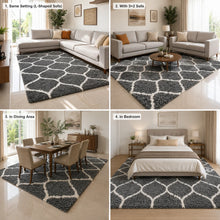 Load image into Gallery viewer, Modern Plush Charcoal Gray Shag Carpet – High-Pile Microfiber Trellis Patterned Floor Mat for Home & Living Decor