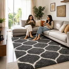 Load image into Gallery viewer, Modern Plush Charcoal Gray Shag Carpet – High-Pile Microfiber Trellis Patterned Floor Mat for Home & Living Decor