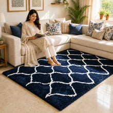 Load image into Gallery viewer, Premium Microfiber Shag Area Rug – Ultra-Soft Navy Blue Moroccan Geometric Carpet for Living Room & Bedroom