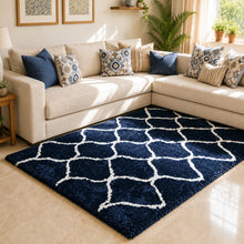 Load image into Gallery viewer, Premium Microfiber Shag Area Rug – Ultra-Soft Navy Blue Moroccan Geometric Carpet for Living Room & Bedroom