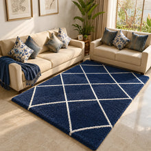 Load image into Gallery viewer, Luxury Navy Blue & White Diamond Geometric Shaggy Area Rug - Soft Microfiber Floor Mat for Bedroom & Sofa Area
