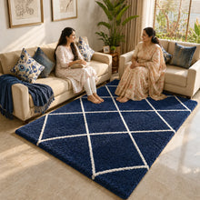 Load image into Gallery viewer, Luxury Navy Blue & White Diamond Geometric Shaggy Area Rug - Soft Microfiber Floor Mat for Bedroom & Sofa Area