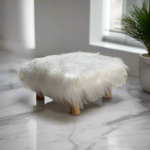 Load image into Gallery viewer, Small Chowki/Stool Square Utility Padded Natural Finish - White Faux Fur (4-Leg)