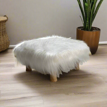 Load image into Gallery viewer, Small Chowki/Stool Square Utility Padded Natural Finish - White Faux Fur (4-Leg)