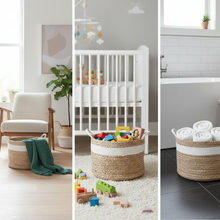 Load image into Gallery viewer, Three scenes showing woven baskets in a home setting with toys, clothes, and furniture.