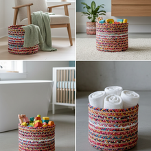 Load image into Gallery viewer, Collage of colorful woven baskets used for storage in various settings.