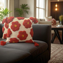 Load image into Gallery viewer, Handcrafted Punch Needle Embroidered Cushion Cover - Red Flower