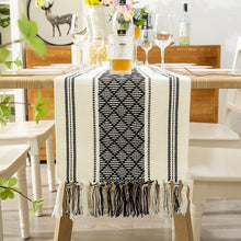 Load image into Gallery viewer, Boho Table Runner with Tassels 14 x 72 Inches, Black & Cream