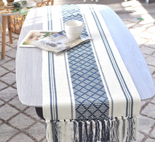 Load image into Gallery viewer, Boho Table Runner with Tassels 14 x 72 Inches Blue & Cream