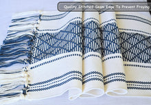 Load image into Gallery viewer, Boho Table Runner with Tassels 14 x 72 Inches Blue & Cream