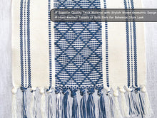 Load image into Gallery viewer, Boho Table Runner with Tassels 14 x 72 Inches Blue & Cream