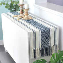Load image into Gallery viewer, Boho Table Runner with Tassels 14 x 72 Inches Blue & Cream