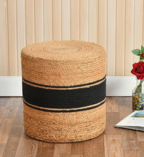 Load image into Gallery viewer, Black Cotton/Beige Jute Pouf/Ottoman