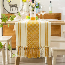 Load image into Gallery viewer, Boho Table Runner with Tassels 14 x 72 Inches, Mustard Yellow & Cream