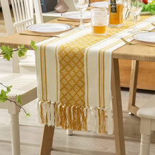 Load image into Gallery viewer, Boho Table Runner with Tassels 14 x 72 Inches, Mustard Yellow & Cream