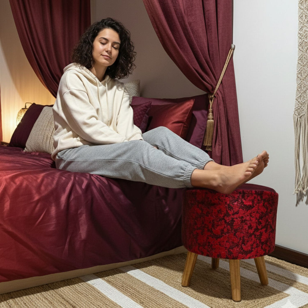 Bohemian Home Round Utility Padded Stool/ Ottoman Natural Finish - 4 Leg, Maroon Texture