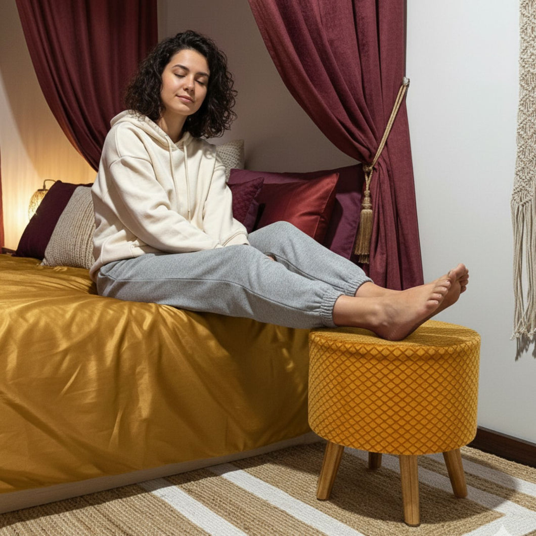 Bohemian Home Round Utility Padded Stool/ Ottoman Natural Finish - 4 Leg, Golden Textured