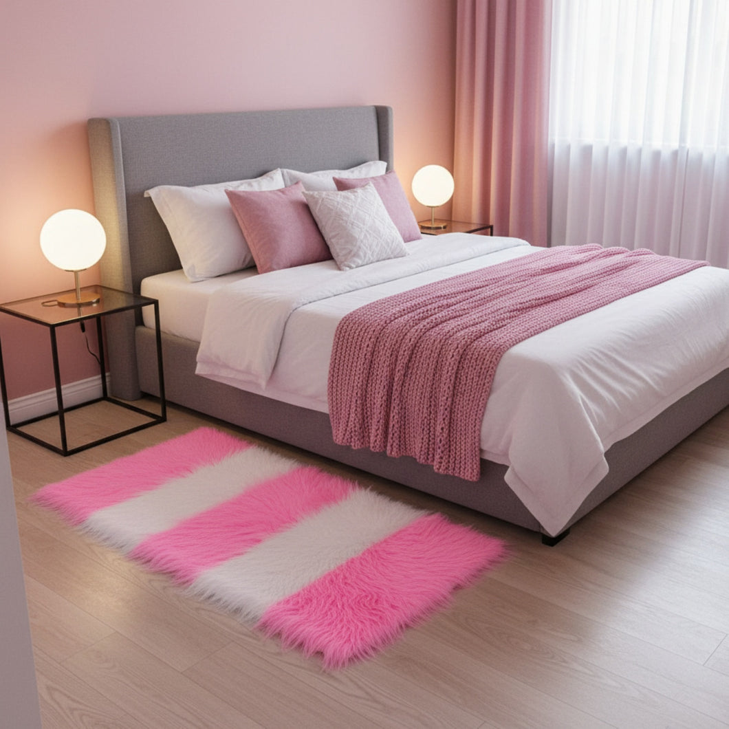Pink & White Bedside Faux Fur Runner, Luxury Fluffy Runner