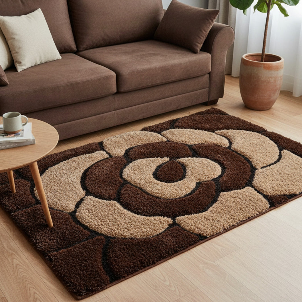 Brown Multi Rose Modern Shaggy Rug