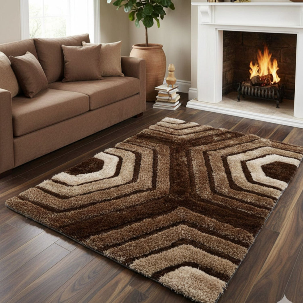 Brown 3D Hut Design Shaggy Rug/Carpet/Mat
