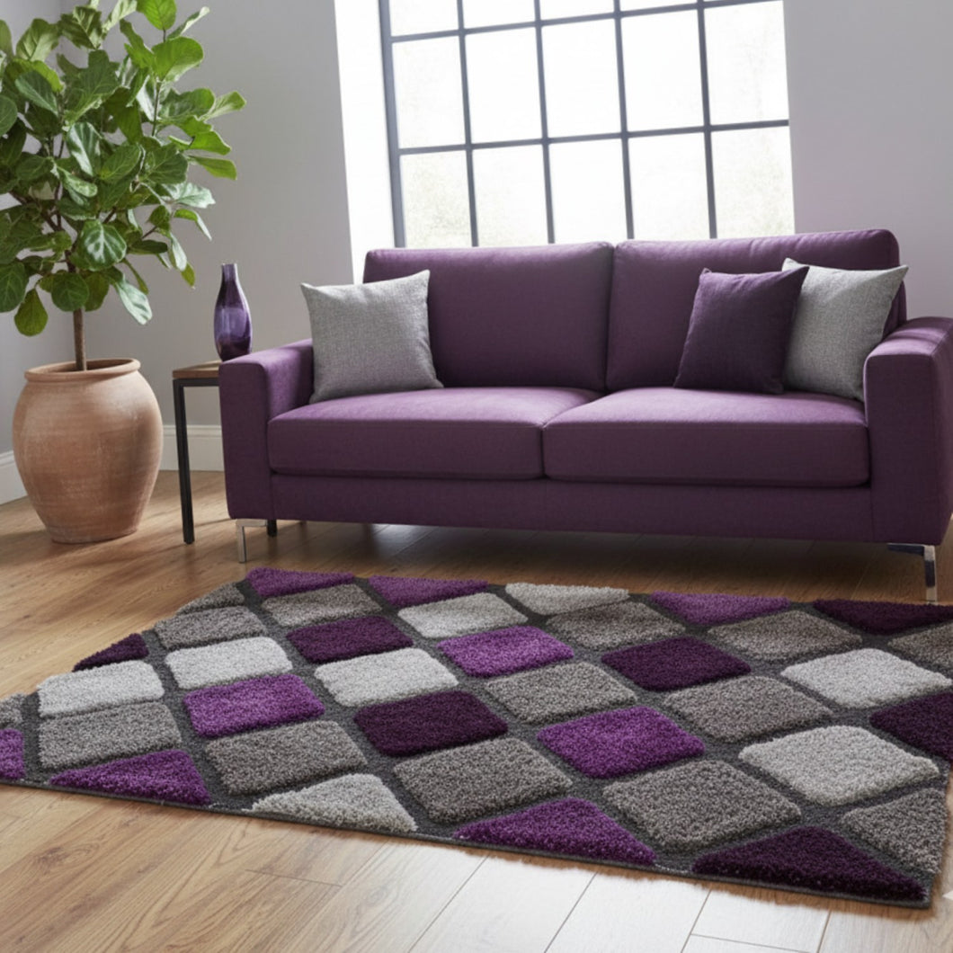 Purple with Gray 3D Cut Collection Classical Look Shaggy Carpet