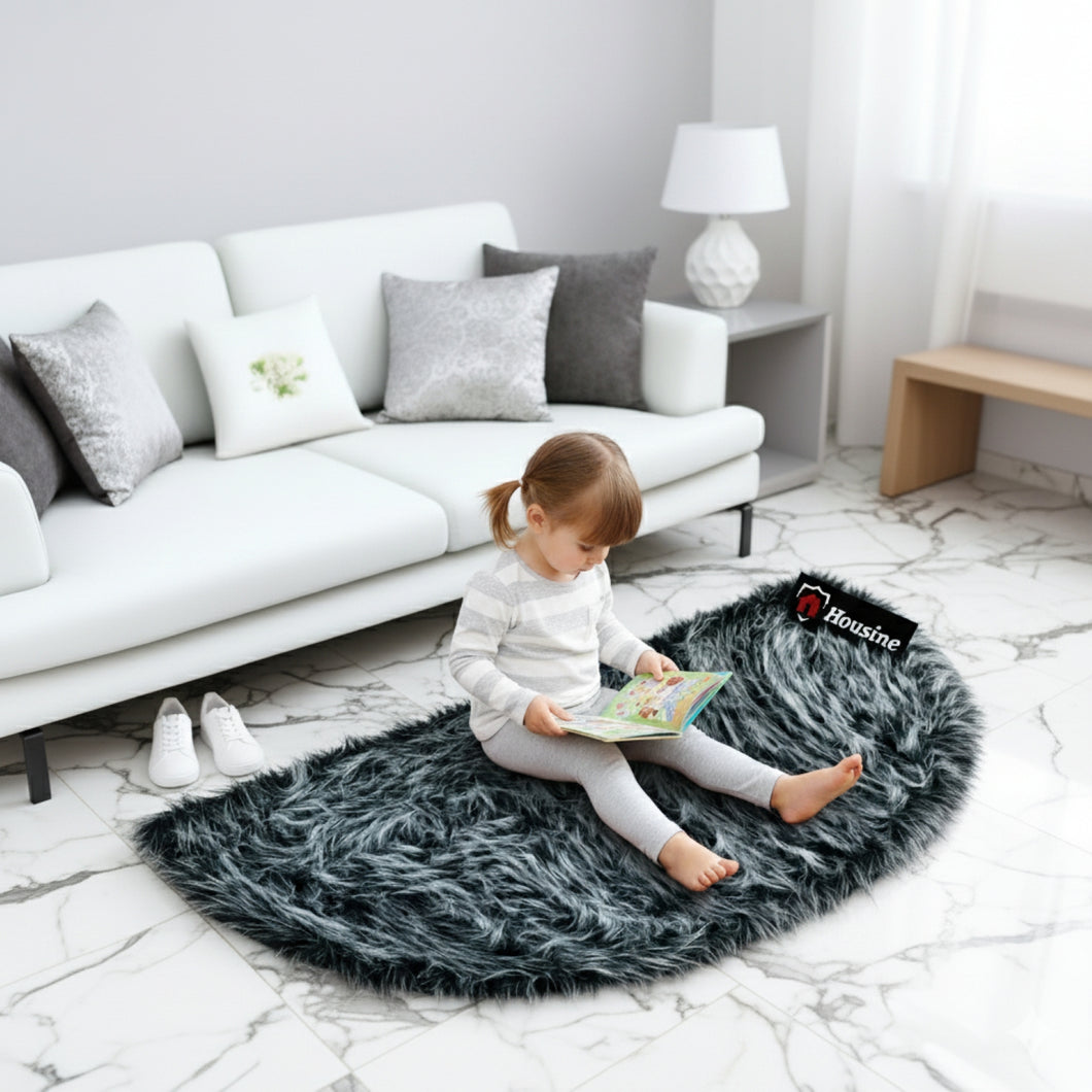 D Shape Bedside Faux Fur Runner, Luxury Fluffy Runner - 60x150 Cm - Grey_Multi