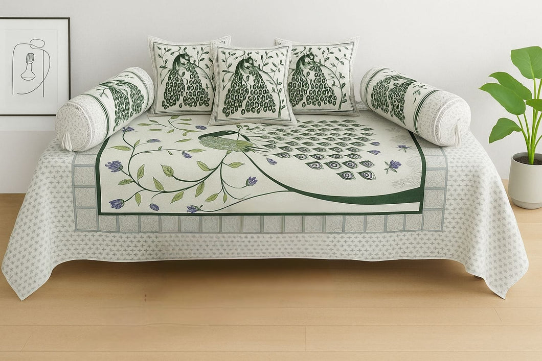 Peacock Multi Printed Pure Cotton - 8 Pieces Diwan Set
