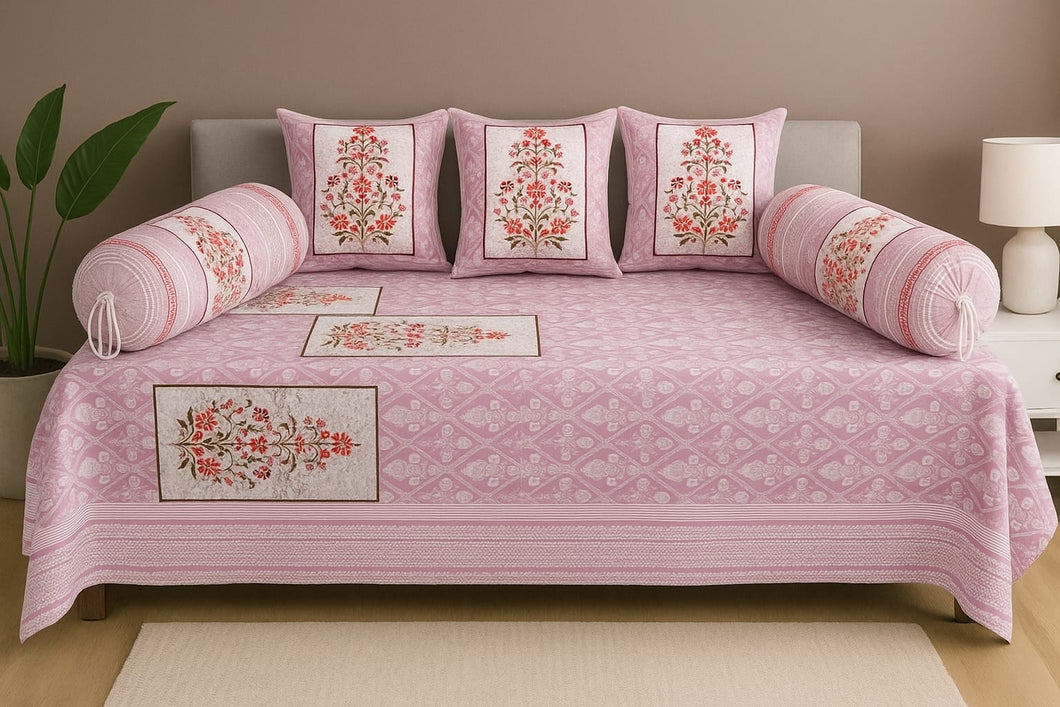 Pink Multi Printed Pure Cotton - 8 Pieces Diwan Set