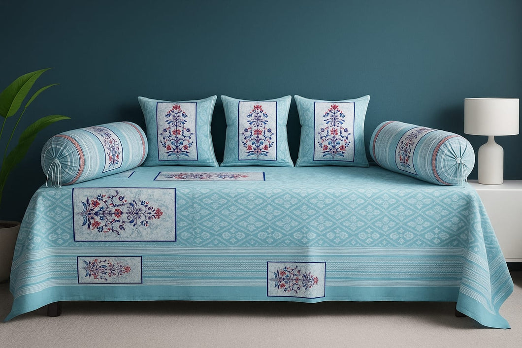 Aqua Multi Printed Pure Cotton - 8 Pieces Diwan Set