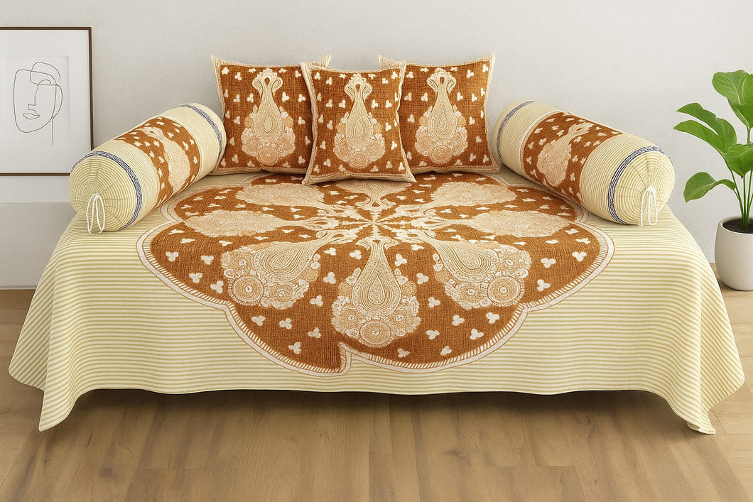Light Yellow Multi Printed Pure Cotton - 8 Pieces Diwan Set
