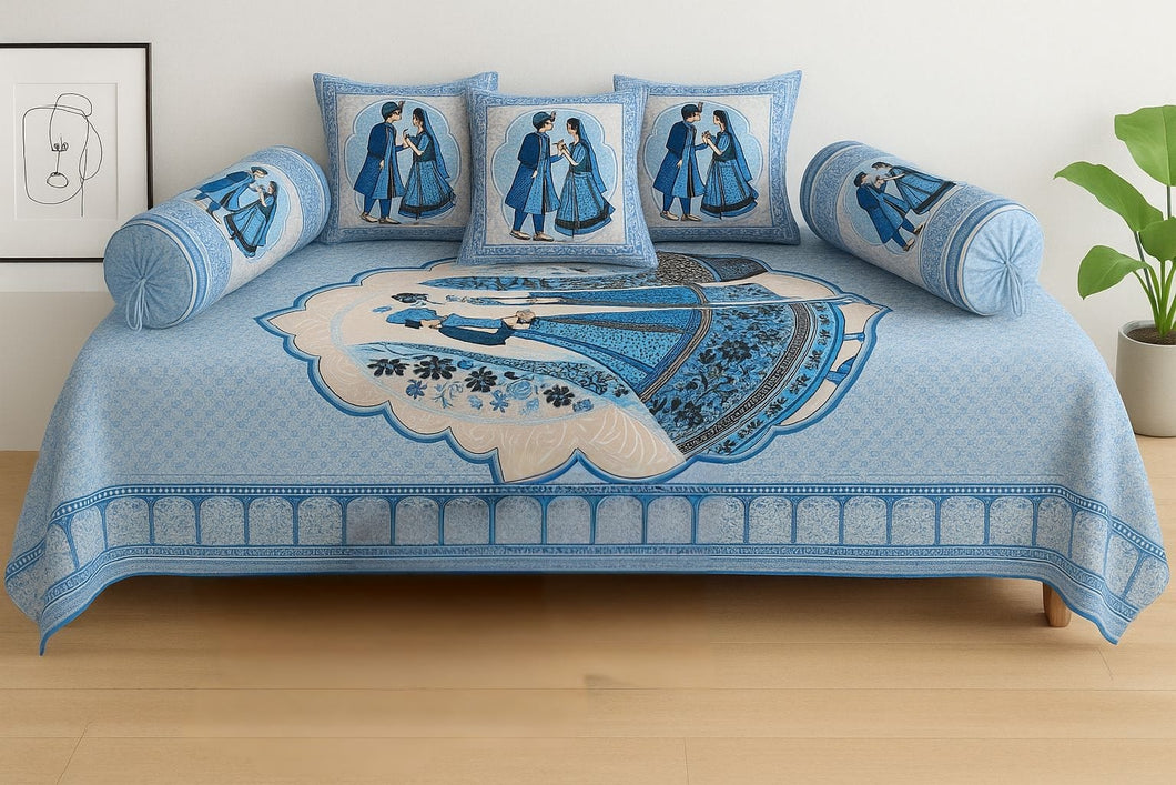 Blue Multi Printed Pure Cotton - 8 Pieces Diwan Set