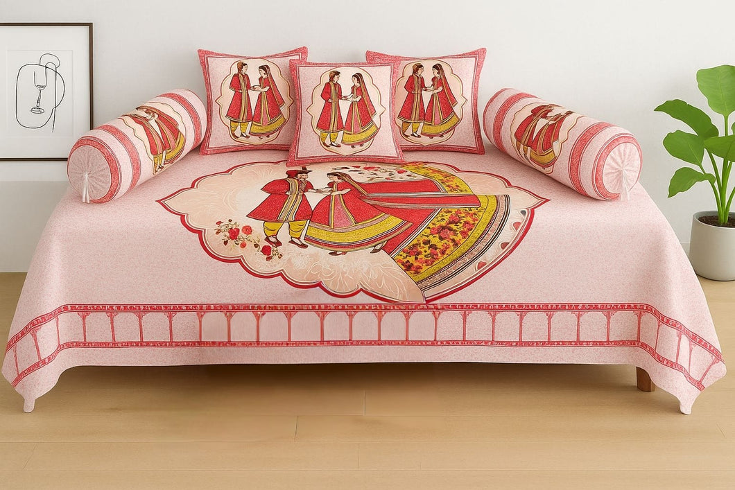 Couple Printed Pure Cotton - 8 Pieces Diwan Set