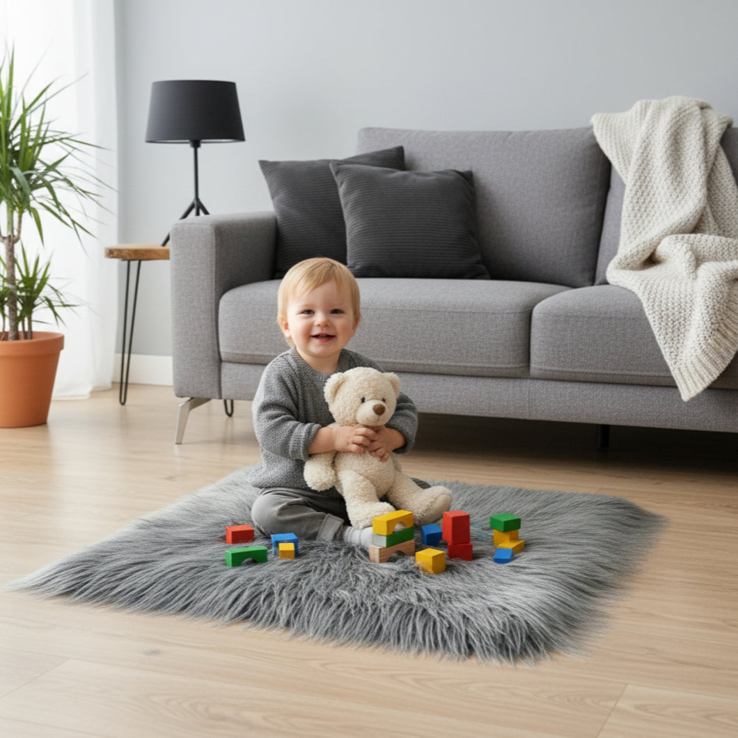 Gray Faux Fur Mat, Luxury Fluffy Area Rug - 2x2 feet
