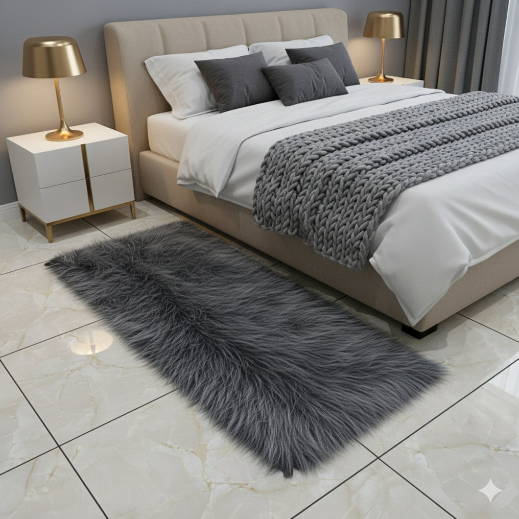 Grey Multi Bedside Faux Fur Runner, Luxury Fluffy Runner - 60x150 Cm