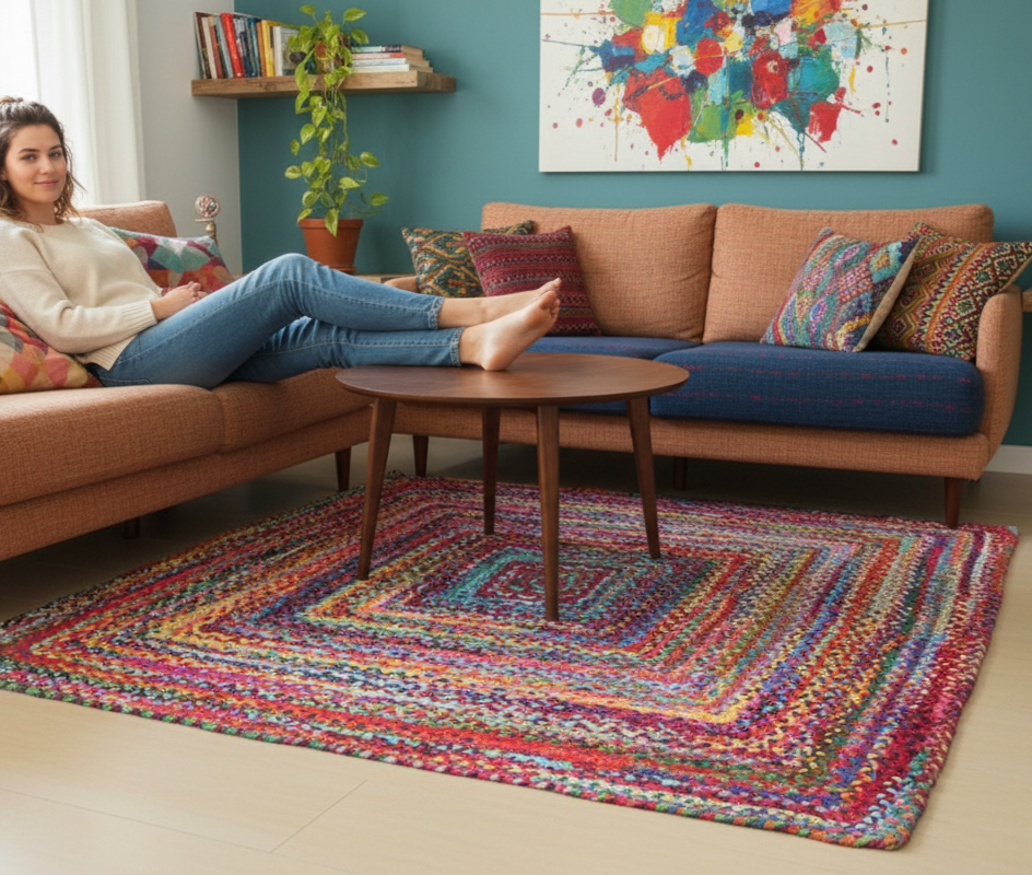 Square Braided Rug Hand Woven Mat/Rug - Multicolor