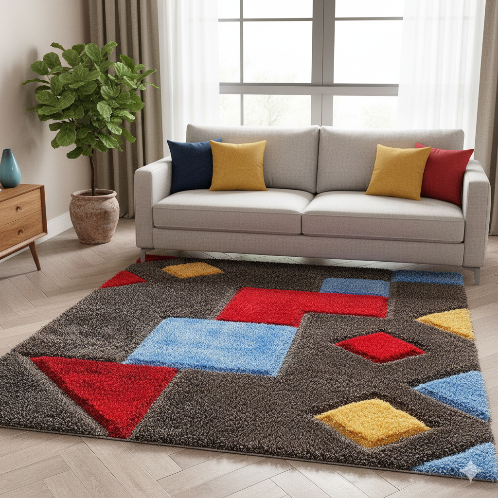 Gray with Red Multi 3D Cut Collection Classical Look Shaggy Carpet