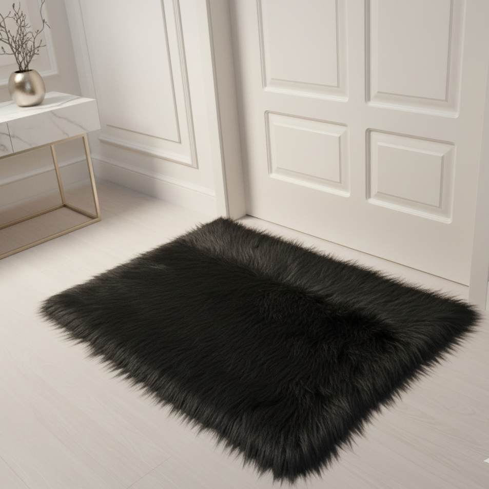 Black Faux Fur Mat, Luxury Fluffy Area Rug - 2x3 feet